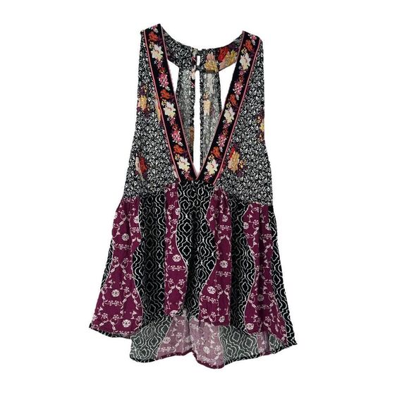 Free People Dream Darlin Swing Tank Deep V Neck Size S Bohemian Black Keyhole - Picture 1 of 8